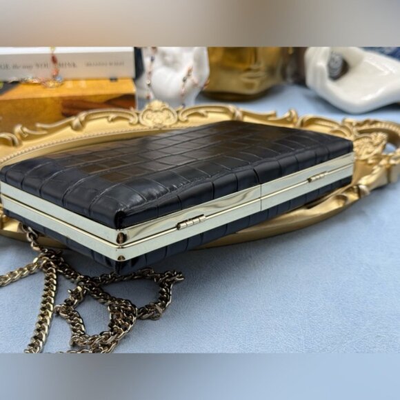 🆕 JASON WU 🧿 NWOT Black Croc Embossed Leather Clutch, with Gold Chain Strap - Picture 10 of 16